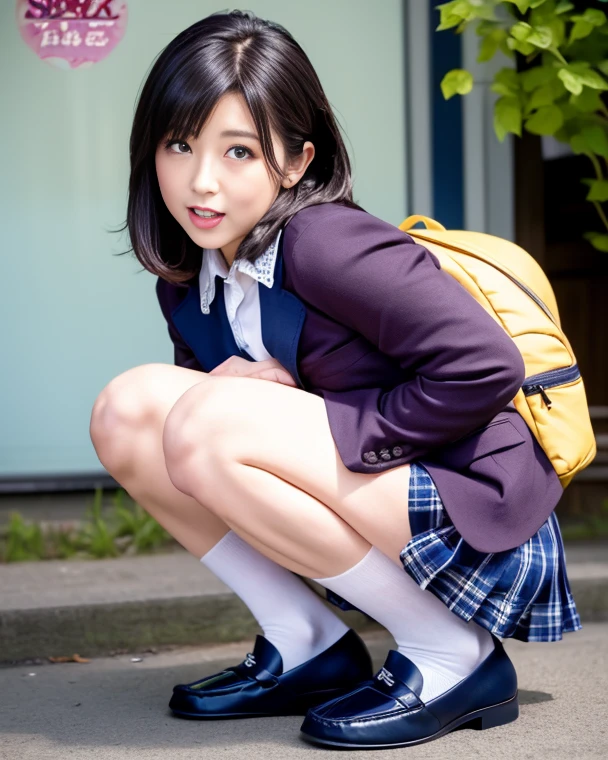 ((highest quality、8k、masterpiece:1.3)),((((fullbody shot)))),Ultra-high resolution,big eyes,Japanese,bangs,(a girl),(1 girl),((20 years old)),((facing at viewer)),(long hair),(((black sailor uniform))),grin,((squatting)),(pleated mini skirt),(((pussy))),((pubic hair)),((skirt lift)),(((black short crew socks))),(((platform shoes)))