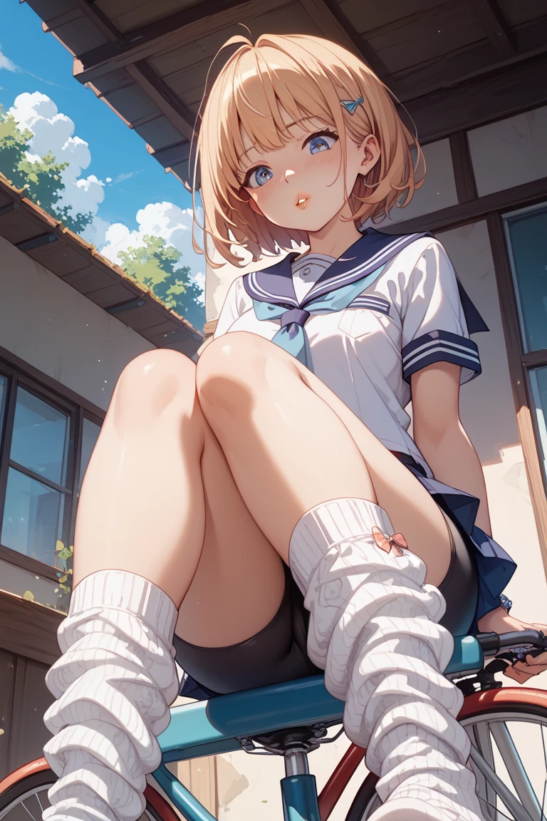 highest quality、Super Resolution、8K,(masterpiece:1.3), (Absurd:1.3), (highest quality:1.3), (Very detailed:1.3), One girl, View your viewers, smile, Outdoor,Photographed from the perspective of looking up at her feet, Summer sailor uniform,ailor collar,、Sit on a bench、She spreads her legs and shyly shows her panties、She shows off her white frilly panties to the viewers.、