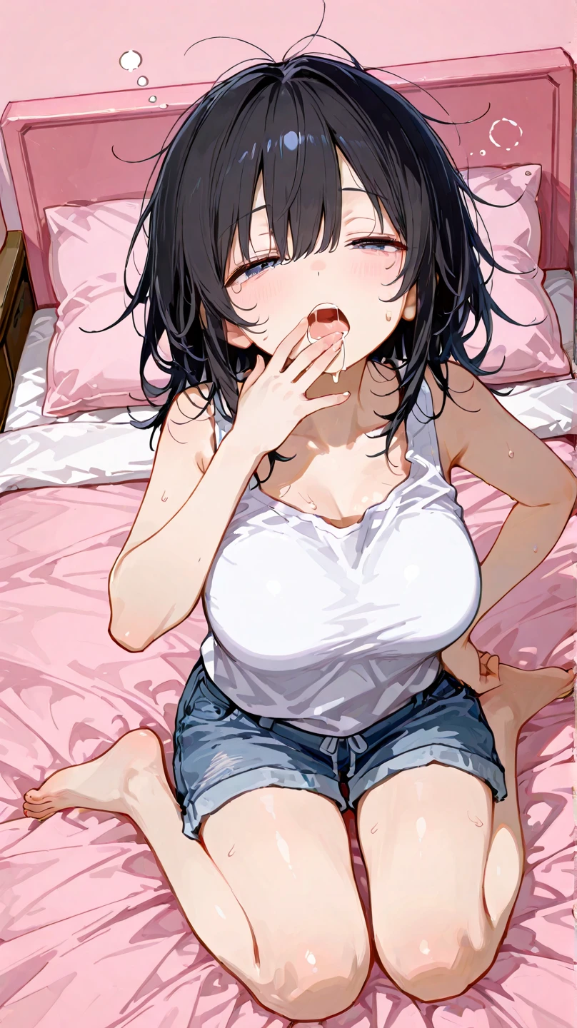 ((perfect hand:1.2)), realistic, highly detailed, ray traced, rendered, Masterpiece, photorealistic, beautiful young russian woman, (ripped jeans, pulled up white T-shirt, sitting on sofa), ((bare breasts, middle breasts)), closed eyes, (((gape pussy, cum from pussy))), (((((breasts grab, orgasm, breast milk)))))