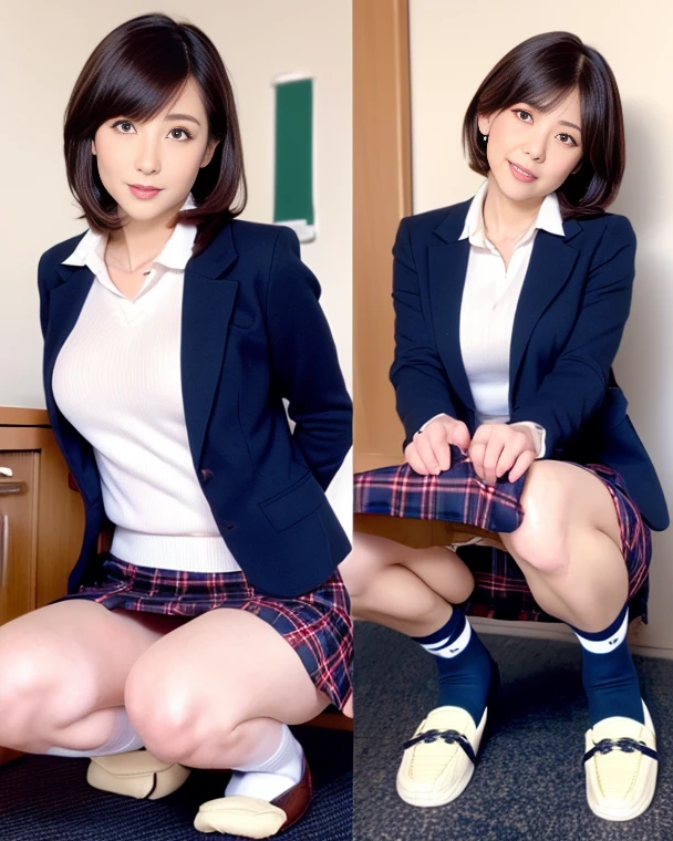 (in 8K、Raw photography、Highest Quality、realisitic、Photorealsitic、Professional Lighting、​masterpiece、extremely delicate and beautiful、Highly detailed、finely detail、ultra-detailliert、hight resolution、beautiful and detailed face、Spread your legs wide、beauty legs、Nasty smile、Textured skin、full-shot:2、Full Body Angle:1.5)、1girl in、solo:2、Colossal 、ultra gigantic 、beautiful model、beautiful face:1.5、Spread your legs wide、Crab crotch、hi-school girl、blazers、I can see the vagina、white  shirt、Navy blue checked skirt、Bery short hair、She is wearing yellow-green satin panties.、Wearing striped knee socks、shoes、Schools、A lot of people are watching
