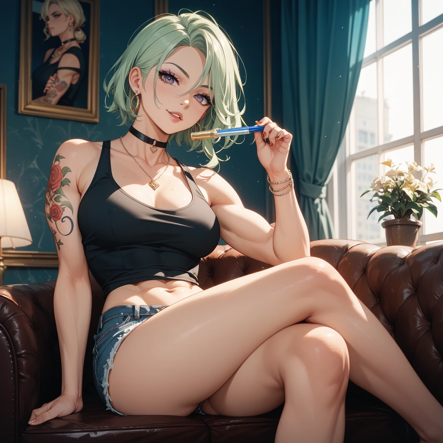 (masterpiece)(8k)(cute)(20-year old woman)(1girl:1.5)(from below:1.3)(full body:1.5)(throne:1.5)(solo:1.8)(wild hair:1.3)(short hair:1.3)(orange hair)(shiny hair:1.2)(white bandana:1.4)(small breasts:1.6)(flat chest:1.3)(pointy nipples:1.2)(green pupils:1.4)(oily skin:1.4)(glossy lips)(confident expression:1.4)(thin tank top:1.6)(fingers pulling on panty string:1.4)(knee high socks:1.5) rossdraws pastel vibrant, rossdraws cartoon vibrant, style anime 8k, beautiful portrait, artgerm colorful!!!, ! dream artgerm, beautiful anime girl, styled digital art, art wallpaper 8k, digital art, extremely detailed artgerm,