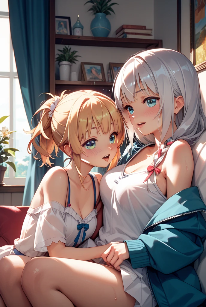 (2heads:1.5), 1girl, kneeling down, tank top shirt, panties, slippers, black fingernails, blonde hair, white hair, ponytail, ahoge, white eyes, (bangs covering one eyes:1.4), :D, christmas, christmas tree, christmas present