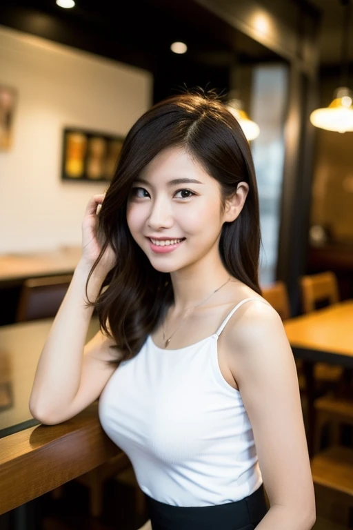 Tabletop, highest quality, figure, Super detailed, In detail, High resolution, 8k wallpaper, Perfect dynamic composition, Beautiful fine details, Women's fashion,Medium Wavy Hair,Natural color lip, Bold sexy pose,smile,City、20-year-old girl、cute、sexy shot looking at camera、smile