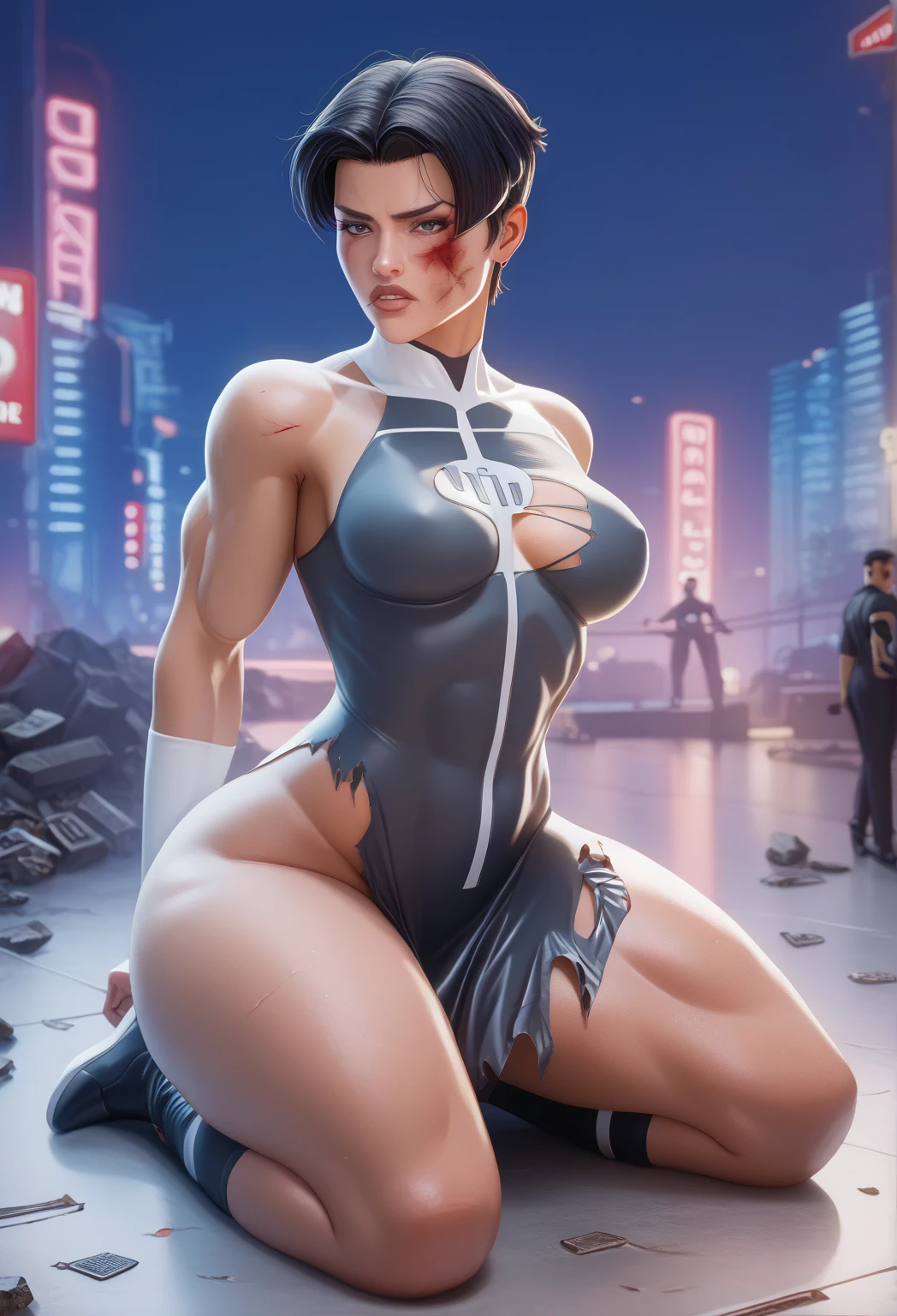 Widowmaker in a bikini sitting on a ledge with a city in the background, highly detailed giantess shot, bodybuilder superhero bikini, cinematic goddess body shot, extremely detailed giantess shot, ifbb fitness body, fitness model, cinematic body shot, giantess shot, bodybuilding woman, muscular girl, photorealistic perfect body, muscular thighs, macro giantess