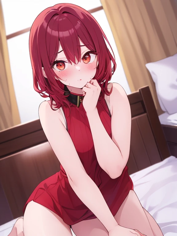(masterpiece,best quality:1.2),photography, official art,(((camisole:1.5))),Embarrassed:1.3,((confused:.13))),whole body,Perfect composition,One person,1girl,be_enma,short hair,red hir,parted bangs
