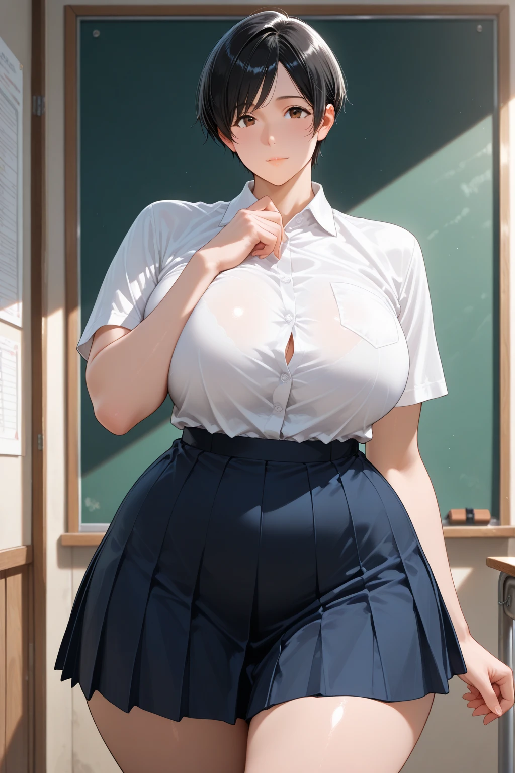 A girl, 15yo, cute smile girl, ((baggy T-shirt, oversized, T-shirt)), ((huge breasts)), black A-line pixie cut, in wooden floor school gym, half open mouth, (standing),  ((barefoot)), view from front, barefoot