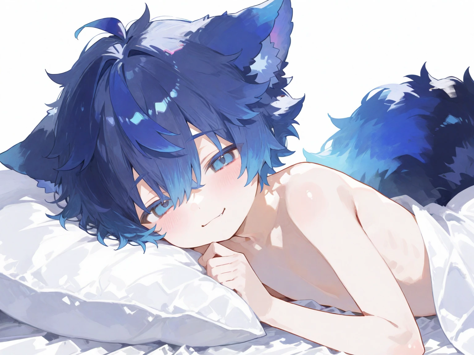 Mammal, <3, anthro, biped, blue eyes, bulge, no clothing, inside, kemono, lying in bed, male, shota, olo, white socks, young, young anthro, underwear. The scene is set in a cozy room, illuminated by soft, gentle light. The young, slender, blue-eyed mammal lies in bed, his bulge evident through his loose underwear. He dons white socks and has a twinkle in his blue eyes as he gazes at the viewer, his young anthro body radiating an air of innocence and sensuality. The white socks add a touch of contrast against his bare body,wearing white socks,