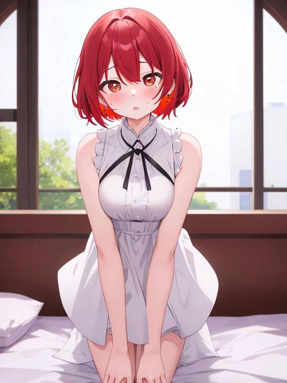 small girl, short hair, rabbit ears, fluffy ears, rabbit girl, long dress, red eyes, cute face, rounded eyes, small mouth, bare foot, cute look