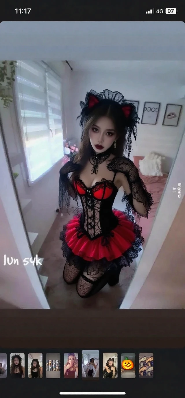 Adolescent, best quality, ultra detailed, redhead, yellow eyes, makima, electric saw man, anime, black tie, hair with braids, red lingerie, full body vision, viking style, sexy.