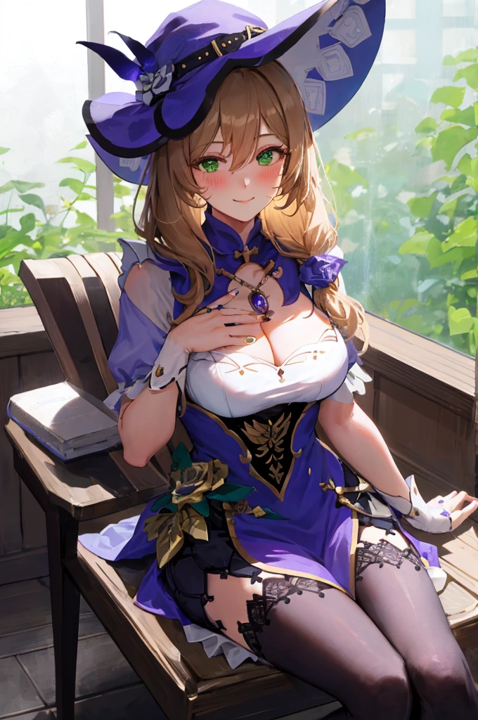 best quality, masterpiece, highres, solo, {lisa_genshin:0.90}, 1girl, black_thighhighs, cleavage, hat_flower, holding_book, looking_at_viewer, smile, thighs, black_gloves, blush, purple_rose, witch, multicolored_dress, sitting, crossed_legs, jewelry, parted_lips