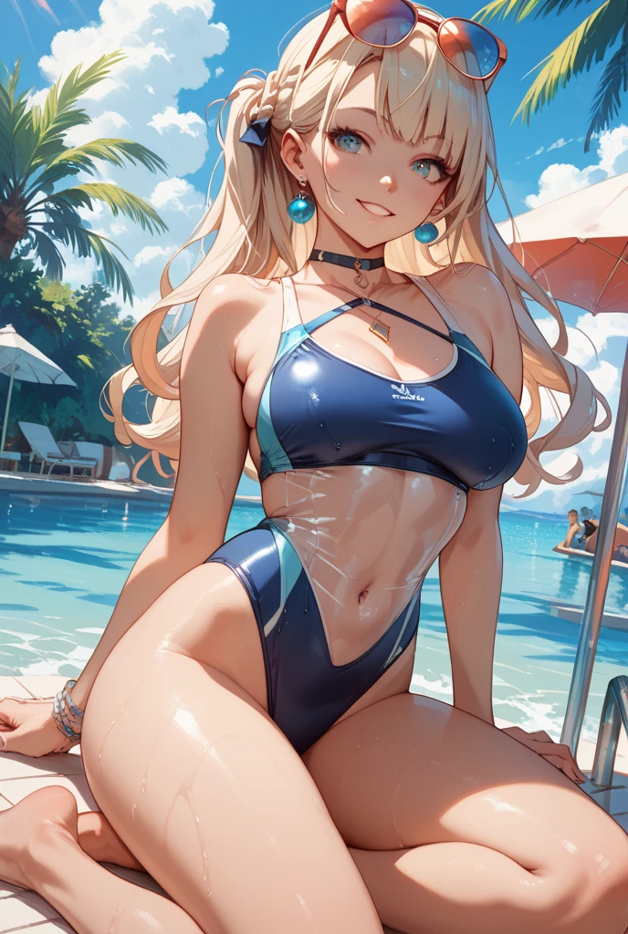 ((masterpiece))、((Top image quality))、((Top image quality))、(Illustration of one woman)、full body Esbian、((30-years old))、((neuter))、((Blonde twintails))、Light golden eyes、((Long body))、(((Muscular and strong body)))、((Split abs))、((muscular and thick arms))、((muscular and thick legs))、((manspreading))、Opening legs、((Competitive swimsuit))、Sitting on a deck chair、in poolside