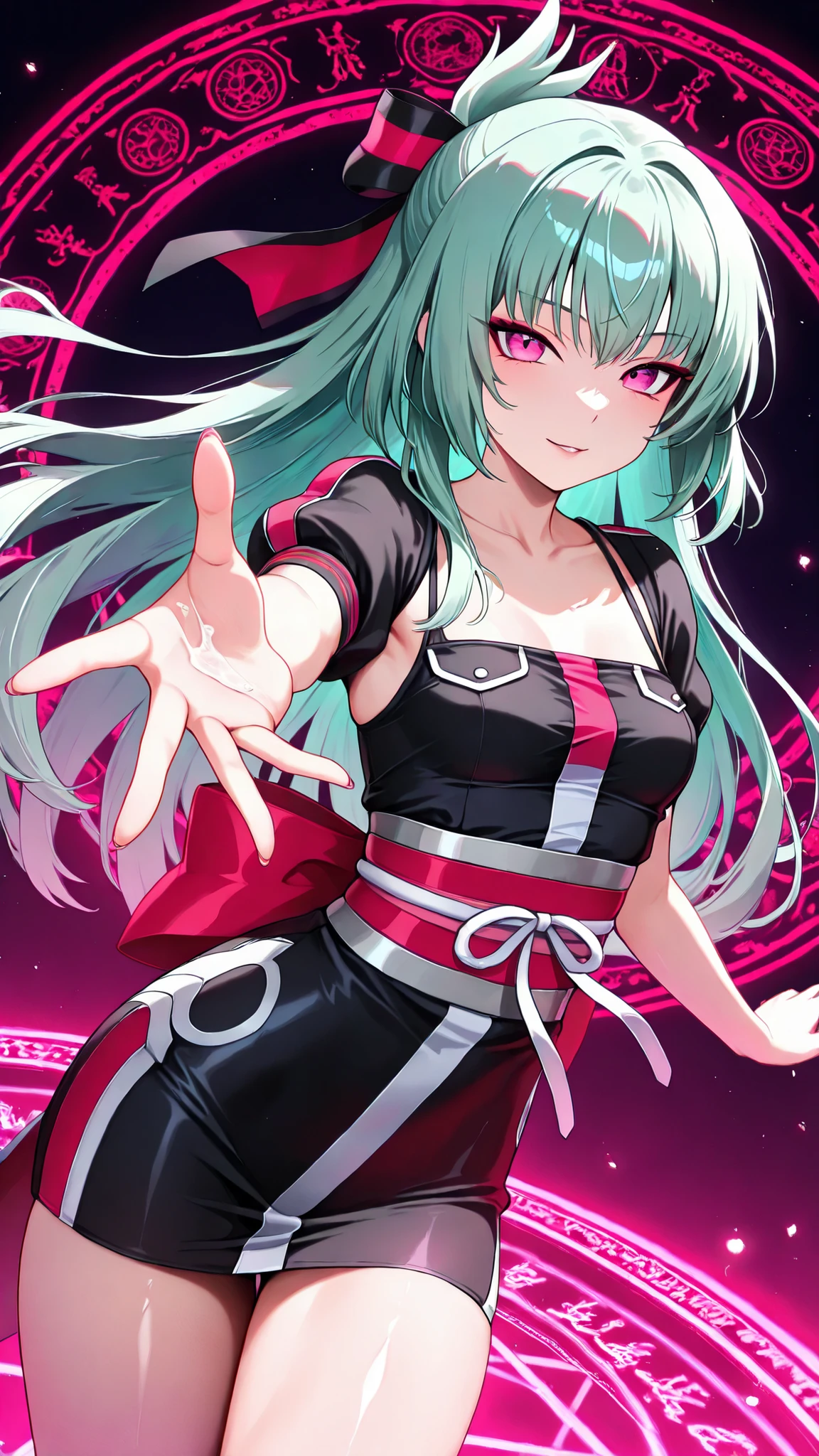 solo, kanzaki_saya,  long hair, mature woman, Tight waist、Small waist、small breasts, shiny Skin ,  Her pose is fluid and captivating, As if offering a magical drop、Extending one hand towards the viewer.Emits a Magical Magic Circle from One Hand/ tender, Neon Colored Diffused Light from the Magic Circle, Shining brightly,