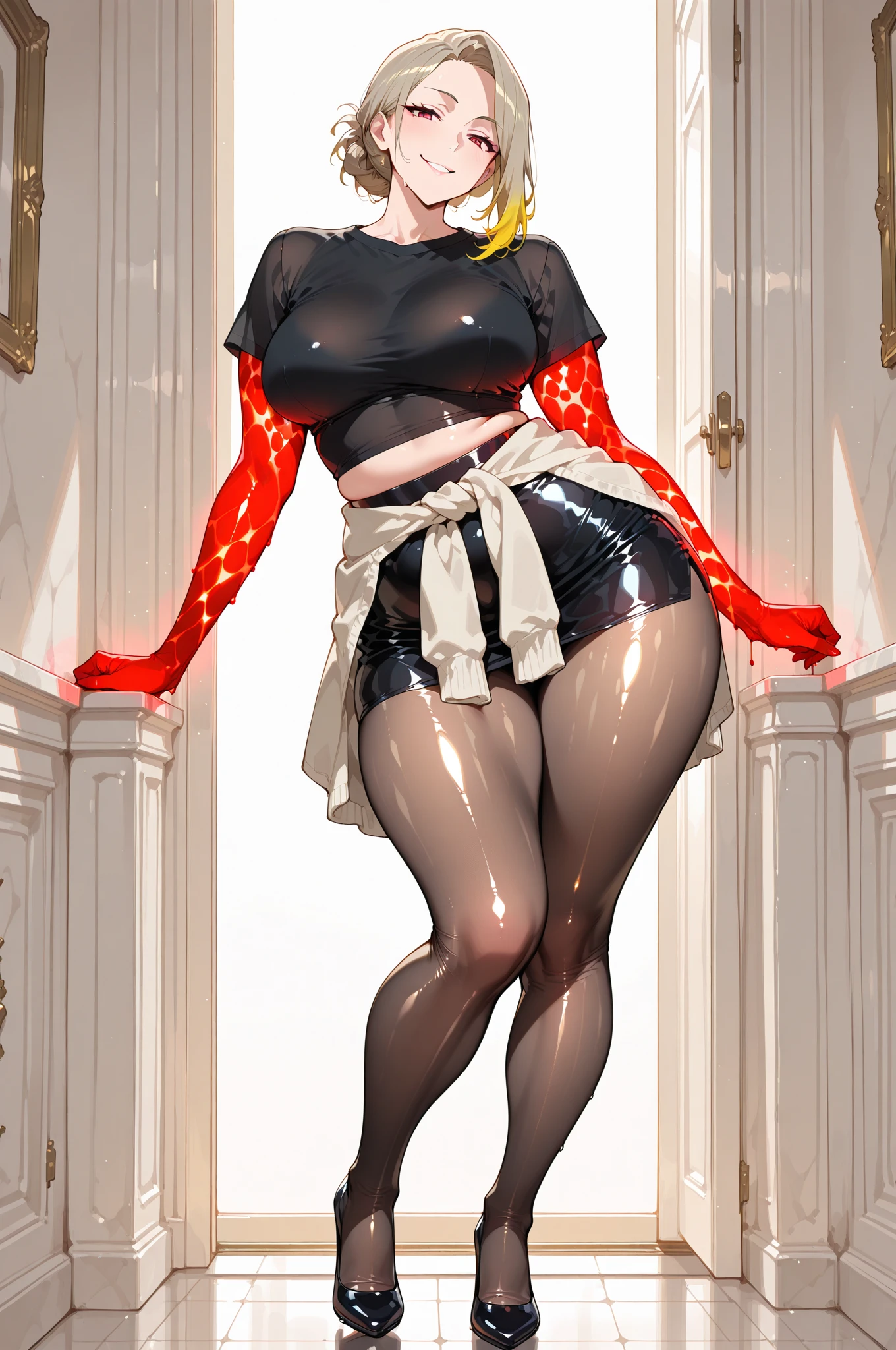 (full_body)、Woman、red_background、(big_breasts:1.5)、figure