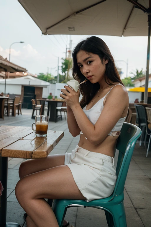 Create a Latin woman with black hair, brown eyes, with a glass of water and ice inside the glass, in a park with trees around