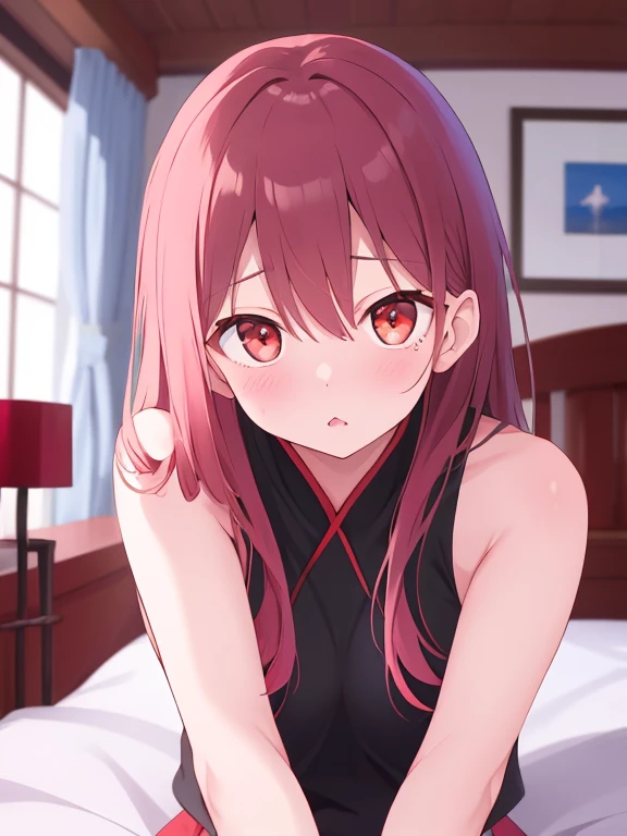 A naked anime girl while masturbating a flesh-colored dildo with her breasts