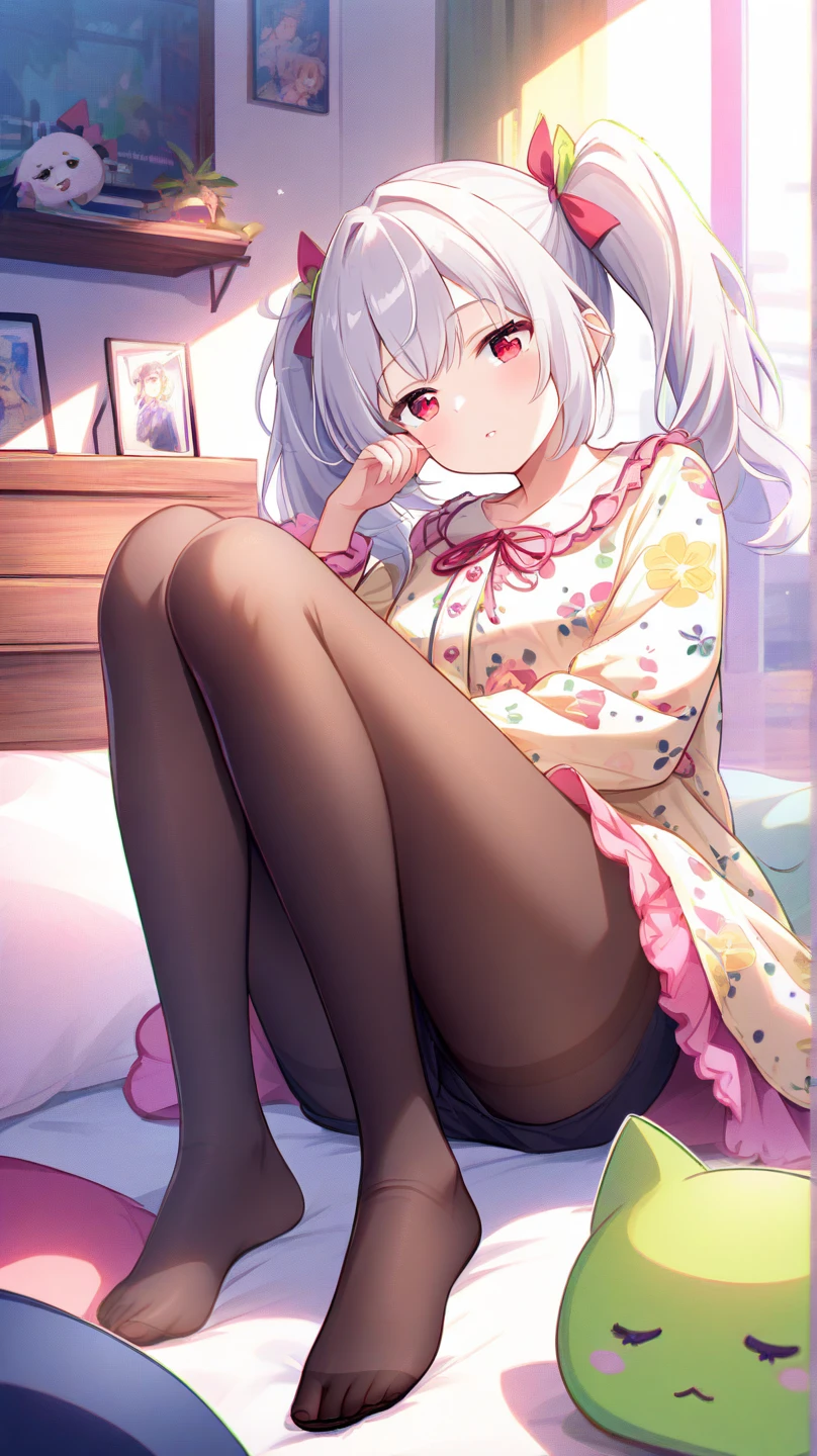 masterpiece, best quality, 1girl, solo, shirt, shiny, sleepwear, white pantyhose, feet, frills, wrist cuffs, coach, sleeping, sleeveless, collarbone, double bun, pillow, hair flower, hand on own chest, stuffed toy, soles, <lora:|:0.8> <lora:BetterFeet:0.6>