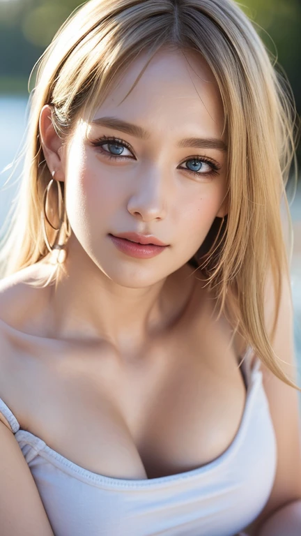 highest quality, masterpiece, Ultra-high resolution, (Realistic: 1.4), RAW Photos, 1 girl, blonde, blue eyes, Small eyes and face, Sexy Nudes,下着からこぼれるBig Breasts、Sexy Style, whole body, Big Breasts, Cleavage,Forward bending posture