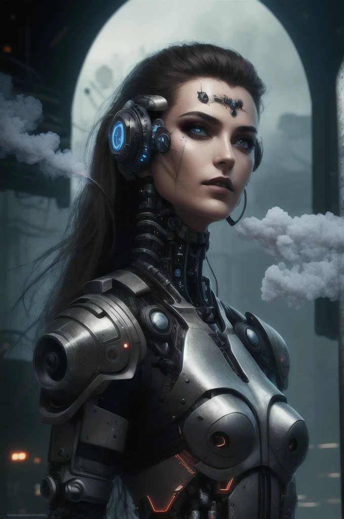 a beautiful woman cyborg warrior in the Style-RustMagic, cyberpunk augmentation, cyberware, Cyborg, carbon fibers, Chrome, Implants, metal skull, Cyber plate armor, (Dark atmosphere:1.2), (Heavy fog & Smoke), (Dark night:1.3), the scars, (dark medium length disheveled hair:1.1), (eye shadows:1.1), (beautifully detailed glow:1.2), (Cinematic lighting), intricately details, A high resolution, Rounded eyes, Detailed facial features, Sharp focus, smooth, Aesthetic, detailed dark industrial factory background, Stylish pose, Dynamic pose, (dramapaint), (OPT-6000:0.9)
