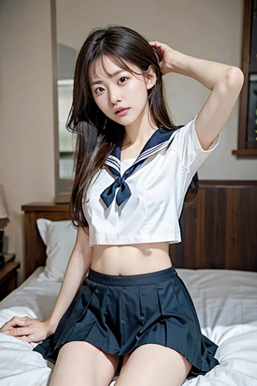 Urzan-6500-v1.1, (RAW Photos:1.2), (Realistic:1.4), Beautiful detailed girl, Highly detailed eyes and face, Beautiful attention to detail, Online Camera,(Spread your legs:1.2)、((Highest quality、8K、masterpiece:1.3))、young woman, 18-year-old, Long purple hair, Wear a sailor uniform, sitting in classroom (School 1.5 in the background) (Serious expression, Cold 1.5) (Highest quality: 1.1) (masterpiece: 1.3) with an unparalleled masterpiece, Surreal 8K, Perfect artwork, Super detailed, Highest quality, masterpiece 4K wallpaper aesthetics, masterpiece, Award-winning works, Official Art, Cinema Lighting、Big Breasts、mini skirt、Nipples、I can see her white panties、vagina