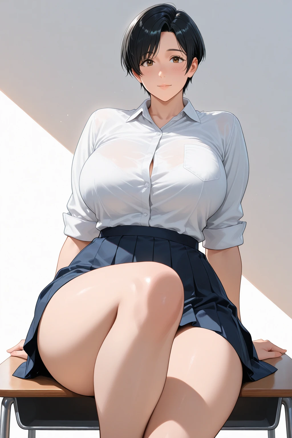 masterpiece, best quality, high resolution, nsfw, woman, 40 years old, bob cut, huge breast, uniform, footjob, stand on 1boy, cum on hair, facial,POV