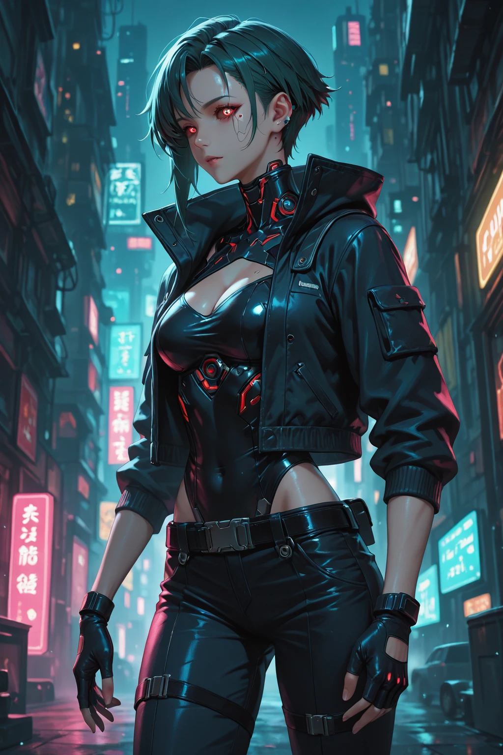 a girl with short blue hair, cyberpunk, sunglasses on, holding a cigarette, detailed face, 8k, highres, cinematic lighting, dramatic atmosphere, neon colors, moody setting, intricate details, intricate cyborg implants, advanced technology, gritty futuristic, strong contrast, volumetric lighting, dramatic shadows