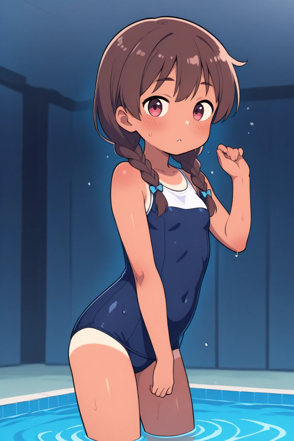 A girl wearing a white one-piece swimsuit((Bend your body)), Butt, Light brown hair,blue eyes,short hair,Wide pelvis,vapor,Sweat,Small breasts,Blushed,Alluring expression,Plump figure,Expression on the verge of crying
