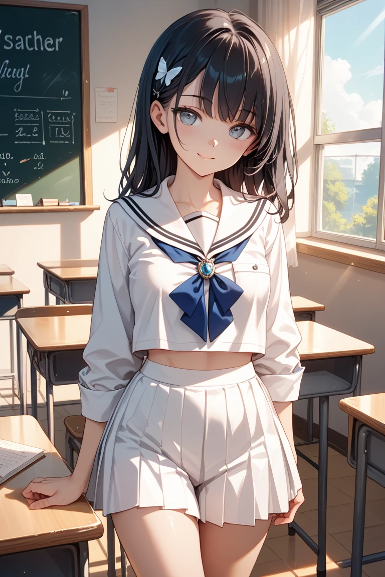 NSFW、(Short sleeve white sailor uniform:1.3)、(Dark blue micro mini skirt dark blue:1.2)、(White string panties:1.2)、Dark blue micro mini skirt dark blue、Mature Woman、Toned body、Big Breasts、(tall、daddy longlegs、175cm)、(quality)）、((masterpiece)）、(これはclassroomでセーラー服を着たセクシーな女子高生のクローズアップショットです:1.4)、(solo:1.4)、(One girl:1.4)、(Very short black hair:1.3)、(Light blue eyes:1.2)、(belly button:1.1)、(Navy collar、Yellow tie)、Dark blue micro mini skirt dark blue、Recommended results、Plump nipples、Stand up straight、Abdominal muscles、Huge bust、Angle to floor:1.2、Low camera angle、School、classroom