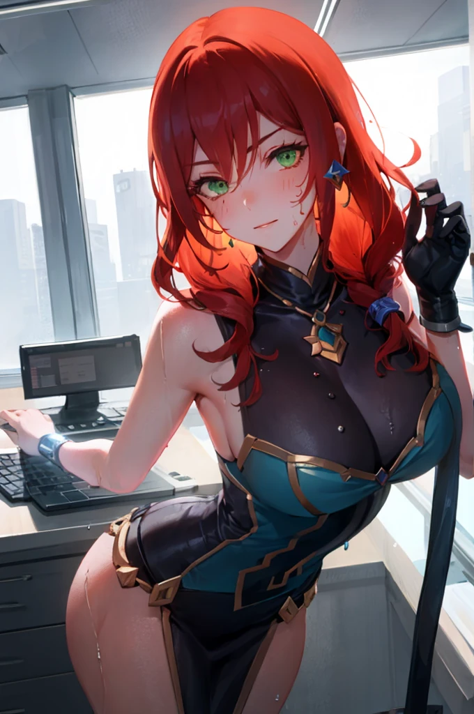uma garota, cabelo vermelho, olhos azuis, Vestindo armadura dourada, medium breasts, coxas grandes, wearing glasses, fones de ouvido, Looking at the camera, at sunset