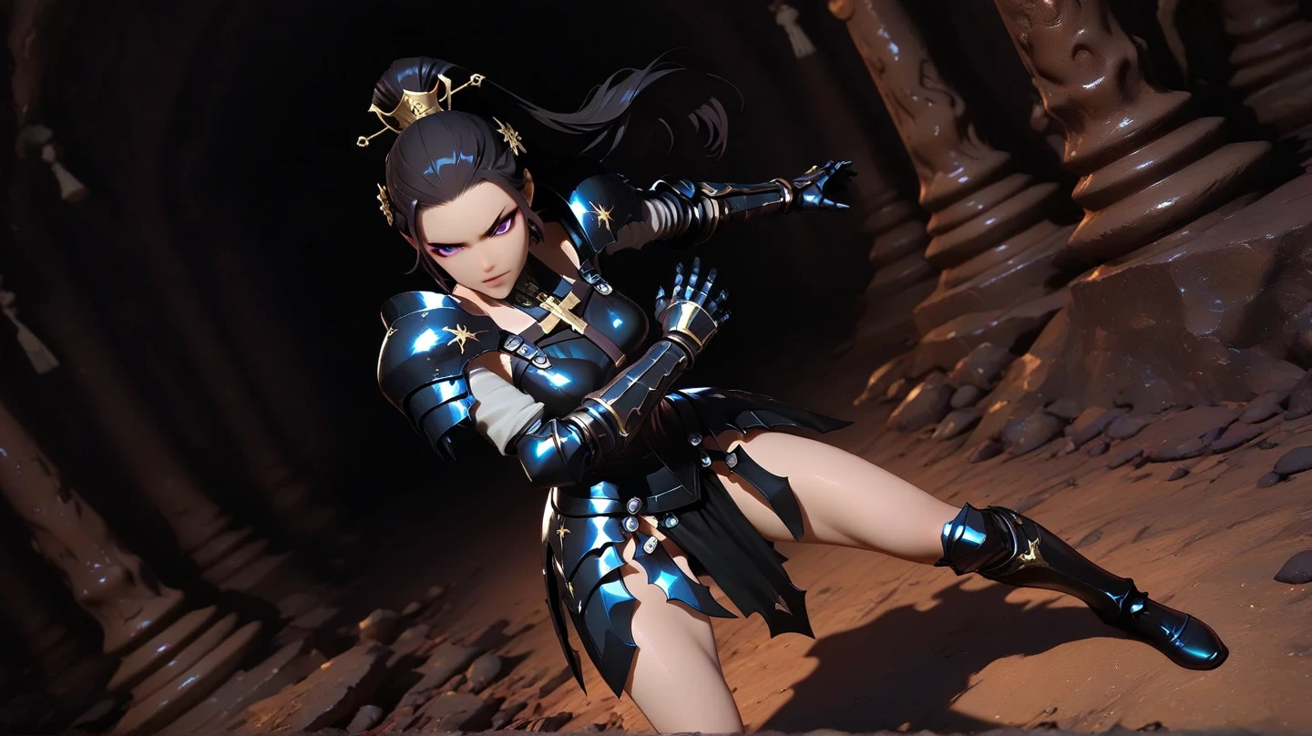 female knight　Black Hair　armor　mini skirt　Panty shot　White underwear　battlefield　anger