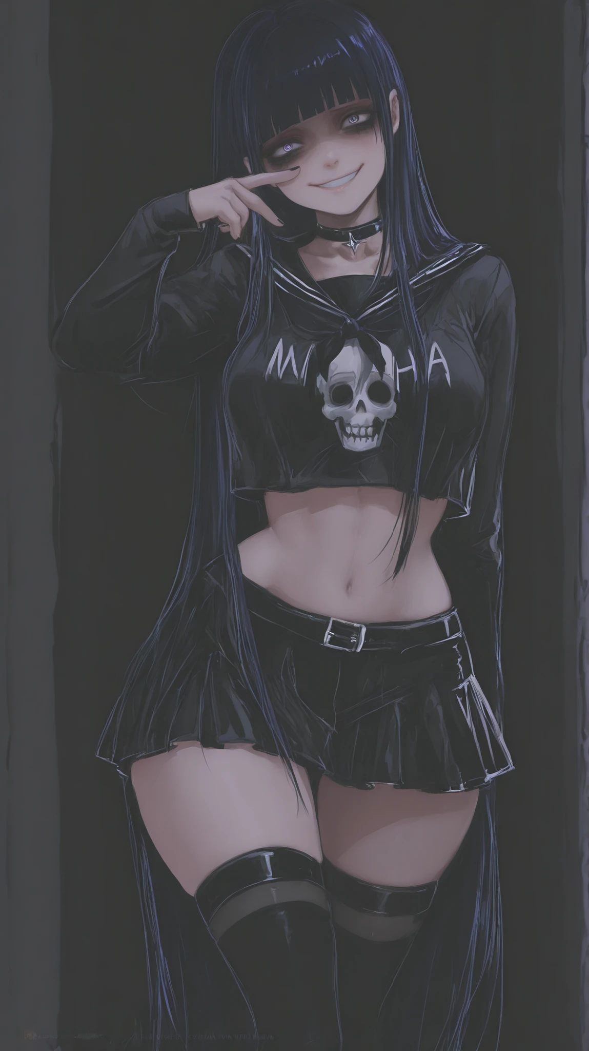 Himiko Toga from MHA, yandere smile, modern goth clothes style, modern goth makeup style, miniskirt, crop-top, choker, knee high socks