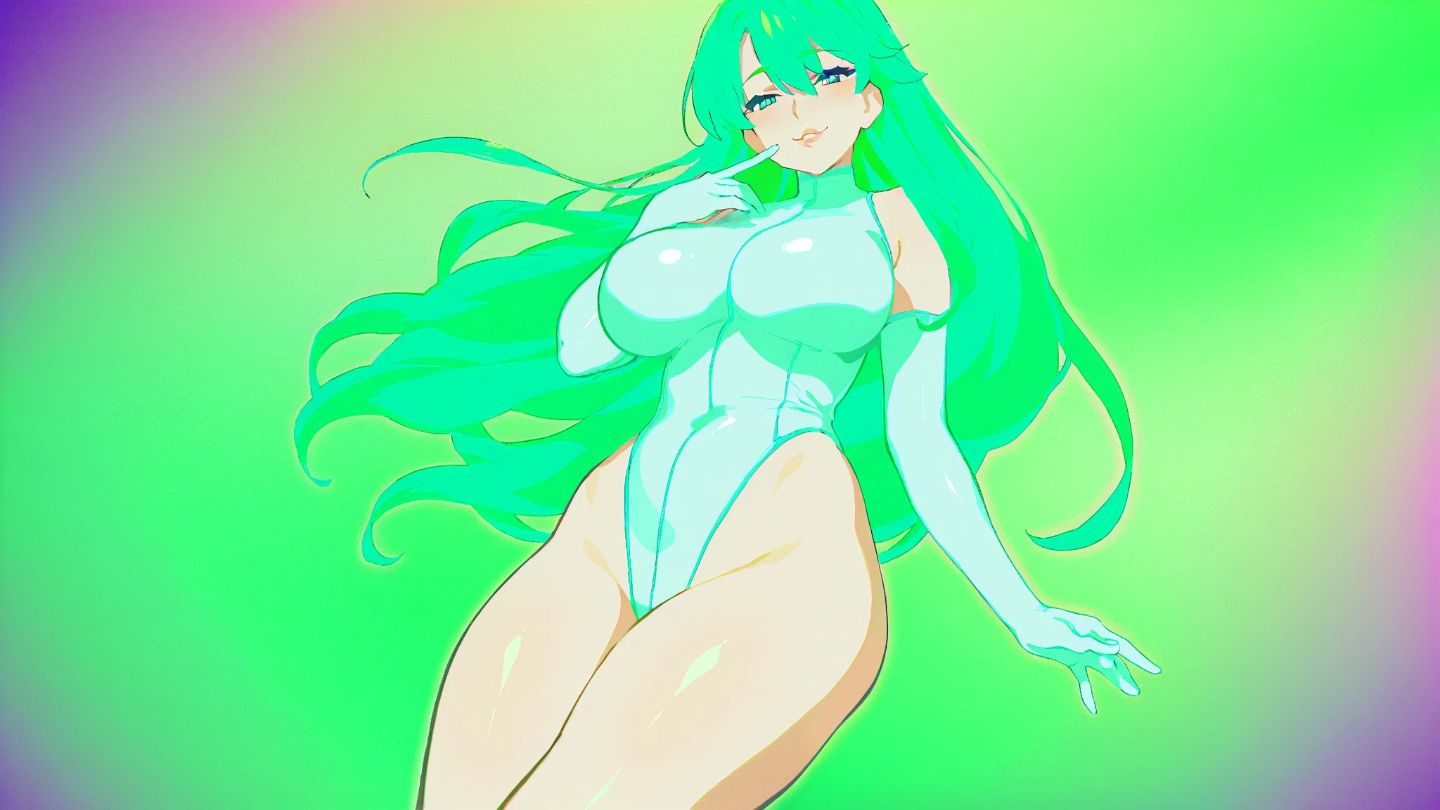 Naked girl with small breasts, brunette and long dark green hair, She must have her legs open, revealing her vagina.