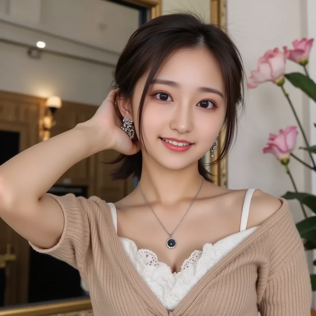 beautiful 20 year old woman。She is wearing a satin camisole、I wear a choker around my neck。 。She looks ecstatic as if she had an orgasm during sex..。her dark brown hair。 High resolution、masterpiece、highest quality、頭w:1.0、((Hasselblad Photos))、fine skin、fine knit、(movie lighting)、clavicle .