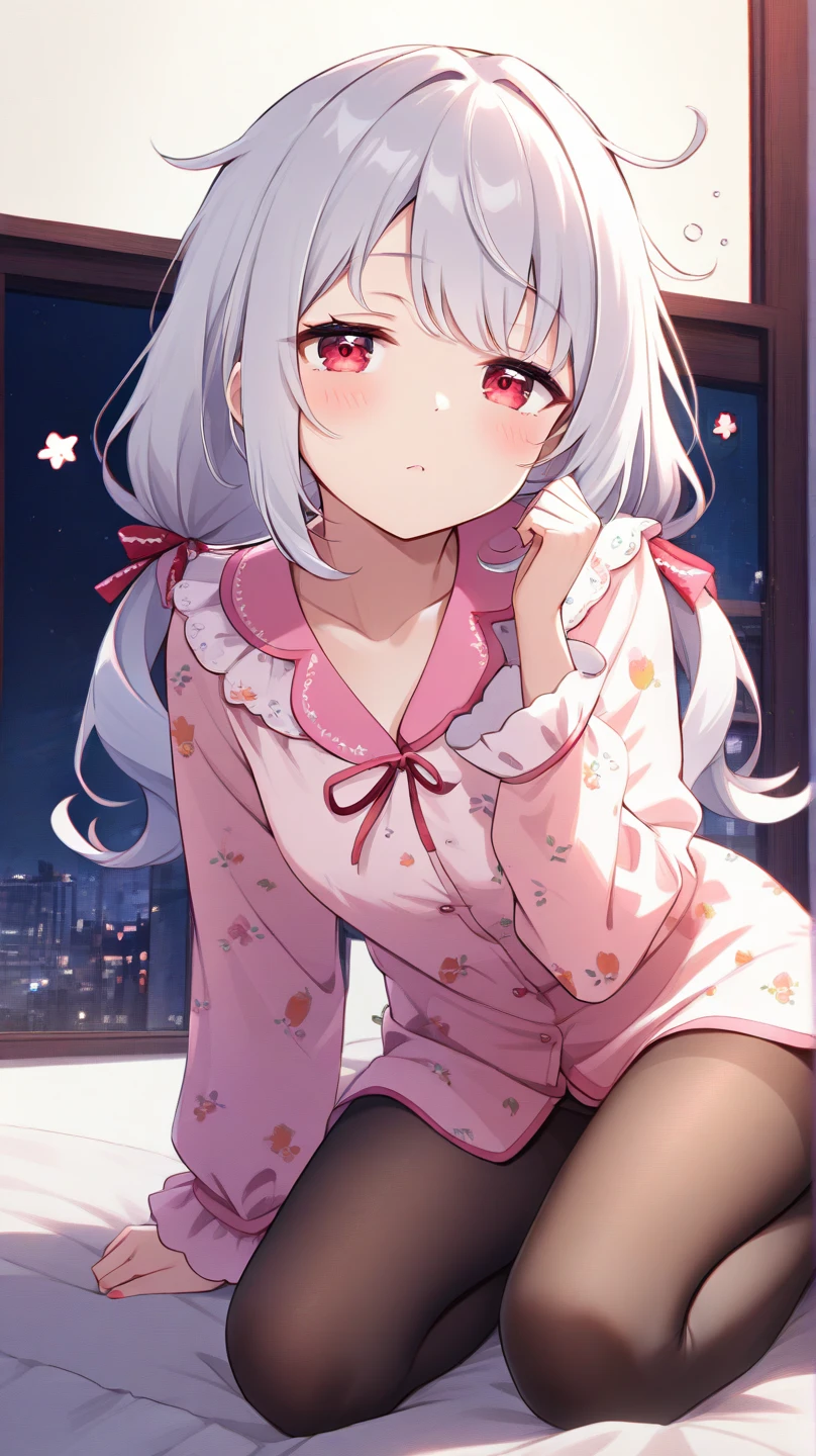 White Hair Girl、Pink Eyes、Short Hair、Only one girl、Night、In the bedroom、Blushing、laughing、Excited、Just One