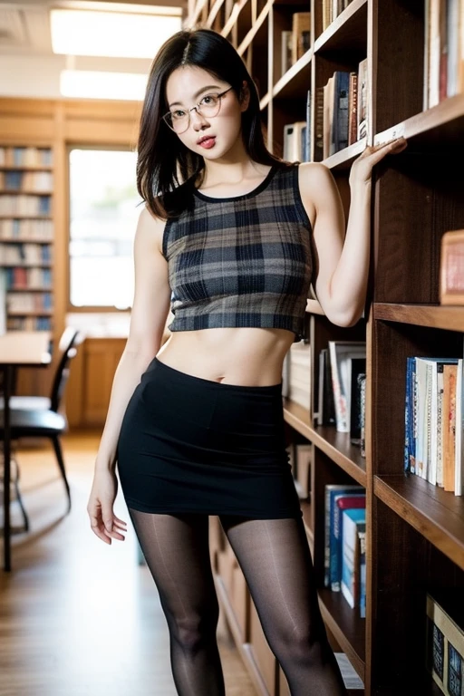 NSFW,Black haired busty ,Micro Mini Skirt,pantyhose,Sexy Lingerie,Library,Embarrassed,blush,(Perfect hands),(Perfect Anatomy),(masterpiece),(Highest quality)