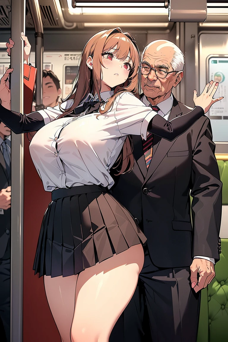 (SFW), ((photorealistic)), (masterpiece), (best quality:1.3), absurdness, [:intricate details1.3], SFW, realistic, masterpiece, (VERY crowded subway train interior detailed scenario, VERY crowded subway train interior detailed background), standing insanely hot (young woman 1) (((both arms up reaching a high handle))), using sexy ((skirt)), ((behind skirt lifted)), ((3/4 white stockings)), ((big ass)), (((ass bent over))), ((thick thighs)), (fear expression), (blushed face), (perfect body proportions)), old small man ass groping woman 1 from behind, (((old small man, ((pleasure expression, open mouth)), pressing his chest on young woman 1 back))) and (((holding her waist behind her)))