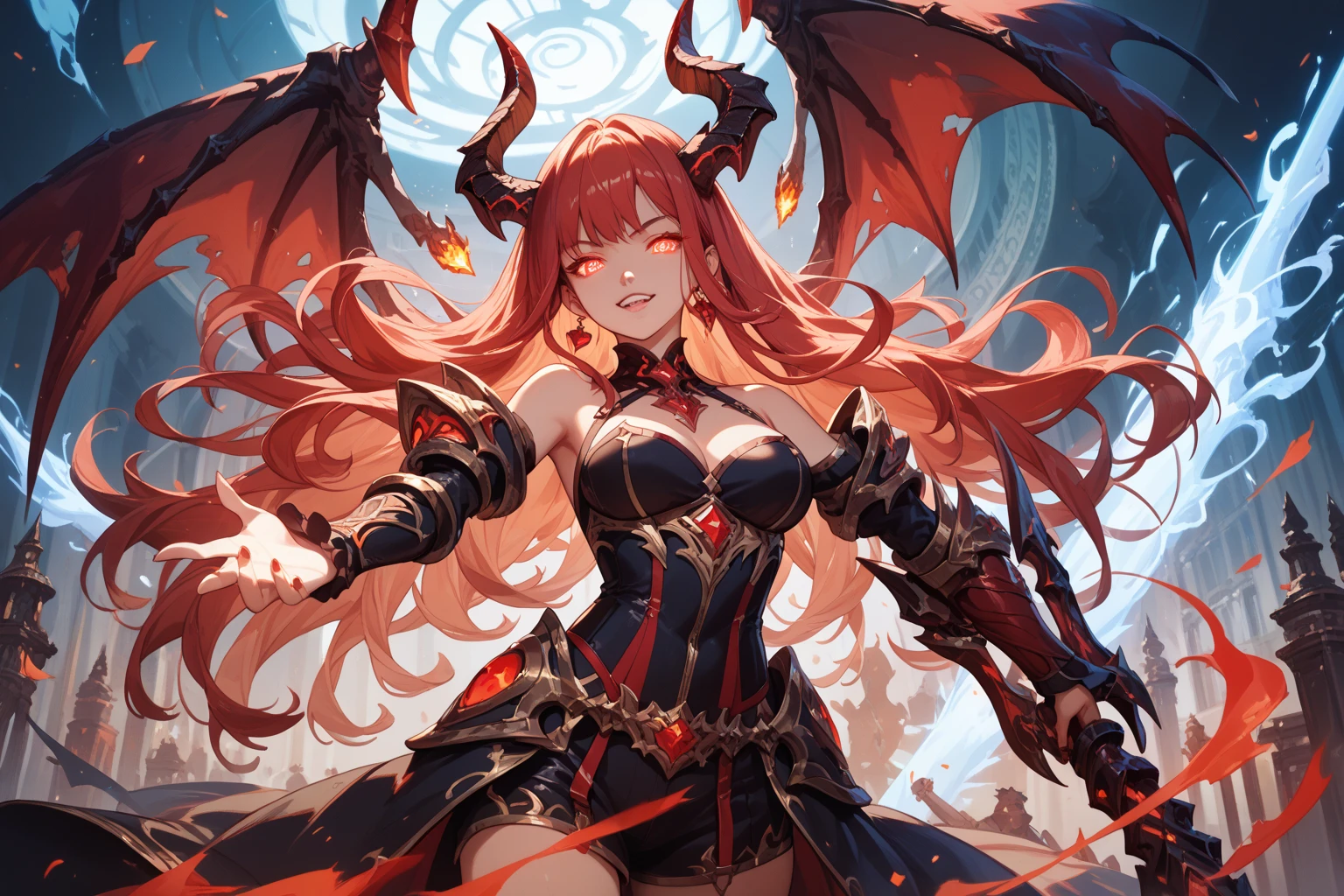 (masterpiece, top quality, best quality, official art, beautiful and aesthetic:1.2), (1girl:1.3), extremely detailed, (fractal art:1.2), colorful, highest detailed, use women armor, challenging smile, challenging pose, intricate, depth of field, cinematic lighting, soft lighting, yellow light, night, close-up, looking at viewer, parted lips, wallpaper, fantasy, detailed eyes, (red eyes), predator pupils, red hair, ponytail hairstyle, bangs, small breast, five fingers, ((black horns), wings, dragonian, Dragontail), standing, (cowboy shot), in Battlefield