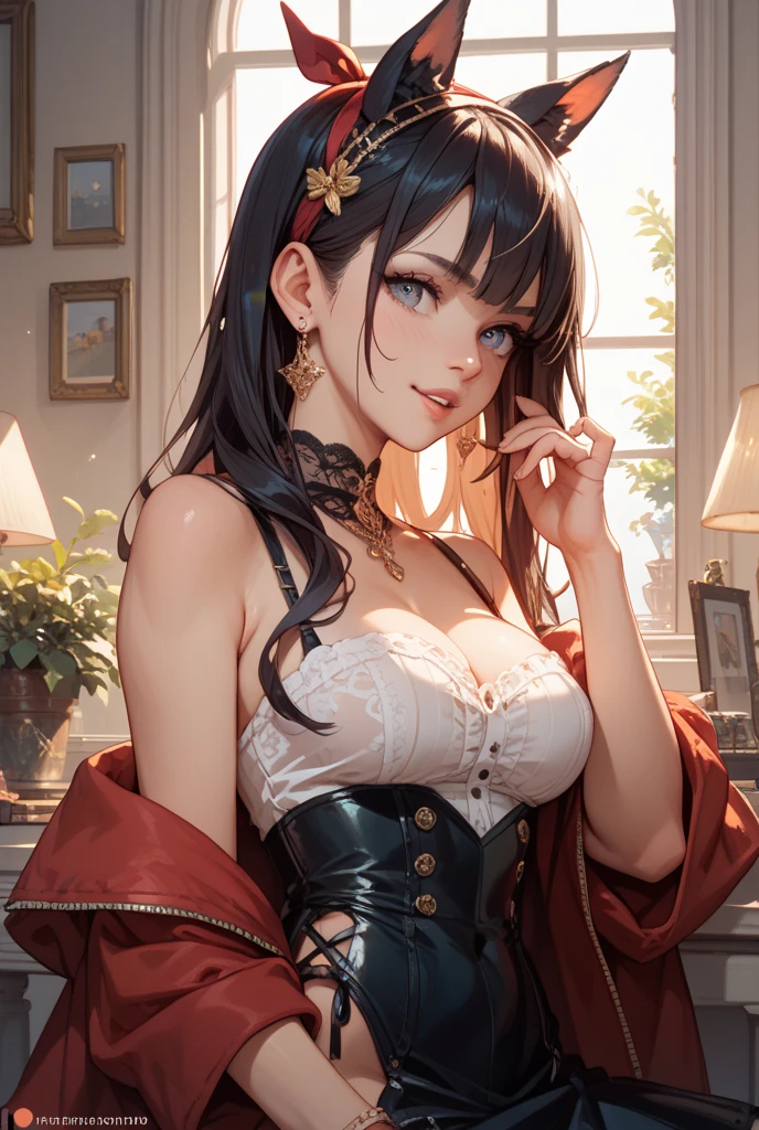 (((Masterpiece))),(((Super Detail))),(((in 8K))),(((best composition))),(((Rim lighting,Fireglow effect,deep shadow))),solo),Beautiful fingers,Detailed finger features,(Detailed hair features:1.7),(Dynamic and sexy bending pose:1.3),detailed facial features,detailed clothes features, (perky chest:1.1), (pointed chest:1.3), delicate beautiful face, Bright blue eyes, cute eyes, sparkling eyes, Big eyes, beautiful detailed eyes,double bun with glittering hair ornament:0.6,(super detailed glossy skin:1.3),slender body,goddess smile,((with sparkling eyes and a contagious smile)),beautiful posture,have a cup of coffee,black hair, red eyes, dress, bare shoulders, jewelry, collarbone, sidelocks, hairband, earrings, indoors, off shoulder, sweater, arms behind back, plant, short hair with long locks, white hairband, off-shoulder dress, sweater dress, off-shoulder sweater, red sweater, big side hair, very long side hair,(super delicate floral pattern:1.2),seductive cleavage:1.3,beautiful glossy legs,shiny red high heels,lifting dishes with cakesd,french restaurant,hustle and bustle,rising steam,(((depth of fields)))