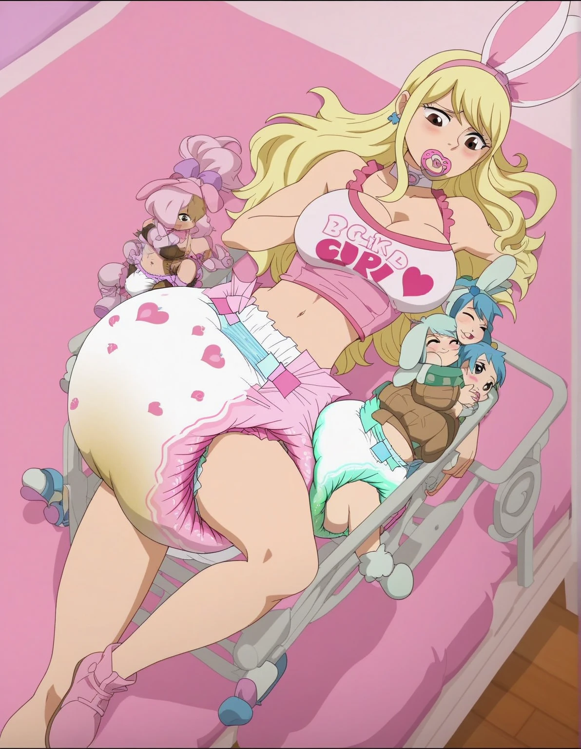 Sexy girls wearing (big diaper), ((bowsette)), busty, (big breasts), wide hips, ((latex)), stockings, fishnets, corsets, (hypnotized expression), ((hypnotic)), ((magical)), (blushing), ((embarrassed expression)), pleasure, ((orgasmic)), smiling, colorful, stage, stage lights, brick wall, (magic fog), ((mommydom)), ((bounce castle)), (inflatables)