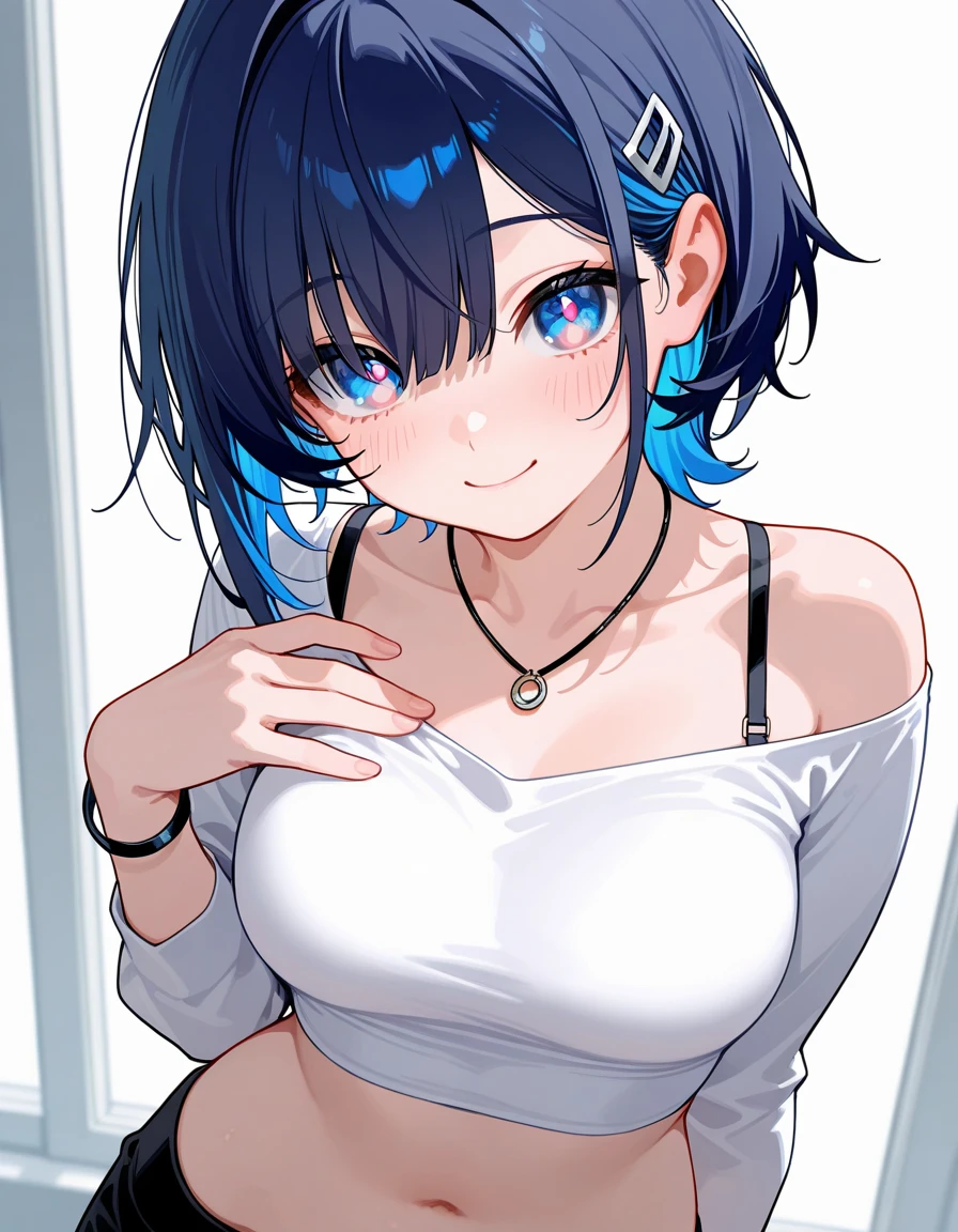(Wallpaper,8k), (masterpiece, beautiful lighting, vibrant, best Quality), 1 woman, solo, short black hair, Messy hair , tank top, indoor, night