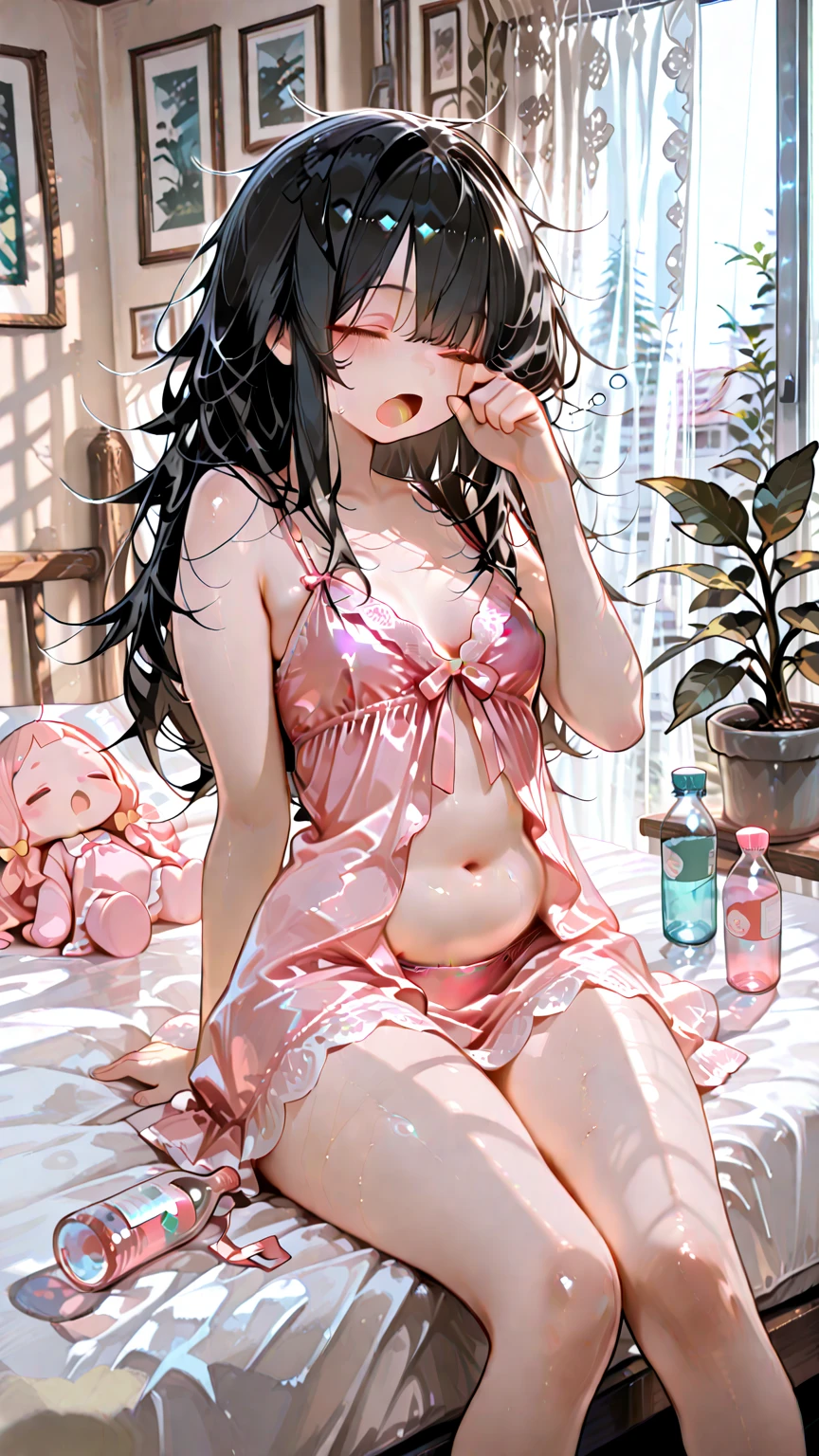 (8K、Highest image quality、highest quality、masterpiece)、detailed face、((1 girl))、black hair、twintails、gray eyes、smile、small breasts、((negligee))、cowboy shot、sit、pinsalo, scenery, fence, couch, indoors、indoor、pink lighting、holds in hands condom in wrapper、holding condomwrapper