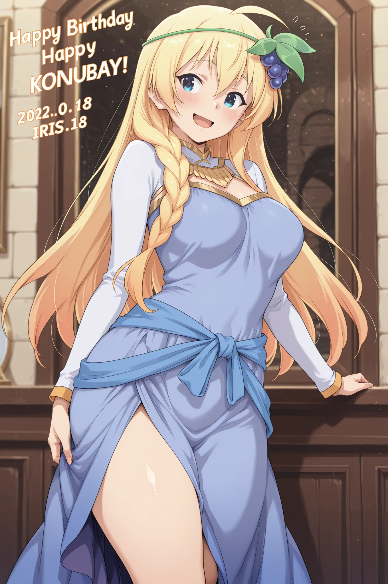 best quality, (masterpiece),(ultra-detailed), (high quality), (high resolution), (2heads:1.5) blonde hair, medium breasts, cleavage, blue skirt , full body,best quality:1.5, highres, UHD, 4K), smiling, ((white tank top)), wearing heeled shoes , medieval village background, ((full body)), detailed blue eyes, (mature woman),