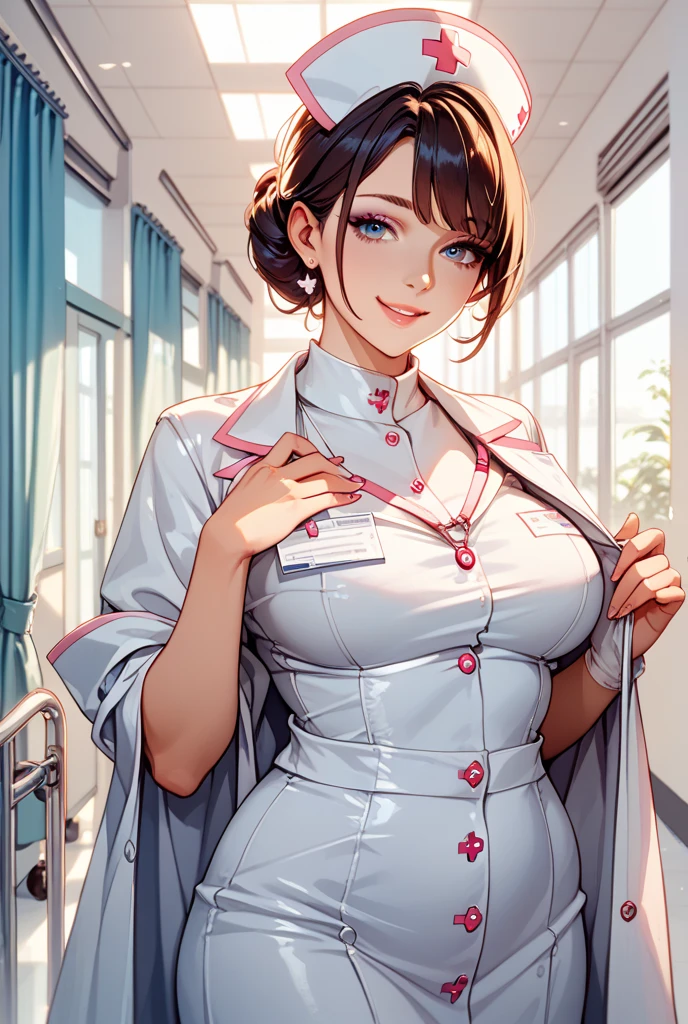tall girl, shorth hair, Linda, happy nurse works in a hospital, nurse shirt, white nurse pants, futuristic design,