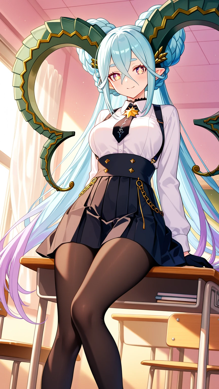 ((1girl, solo ,alone, long hair, green hair, yellow eyes, hair covering one eye, woman , dynamic pose, muscular female, gold bracelets, ruby earrings)),((solo, (1woman, pink lipstick), Extremely detailed, ambient soft lighting, 4k, perfect eyes, a perfect face, perfect lighting, a 1girl)), austere, ((1girl, solo, masterpiece, best quality, high res, highly detailed, (illustration), beatiful detailed eyes, glossy lips, light makeup, corset, collarbone, thigh highs, high heels, standing, black elbow gloves)), documents, books, table, shelves, pencil holder, computer