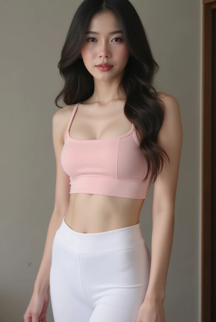 (Cinematic Aesthetic:1.4) Photo of a beautiful korean fashion model bokeh city day, thigh , ((light pink yoga pants)), ((light pink sexy low neckline skintight white spaghetti-strap top)),nsfw , outdoors,