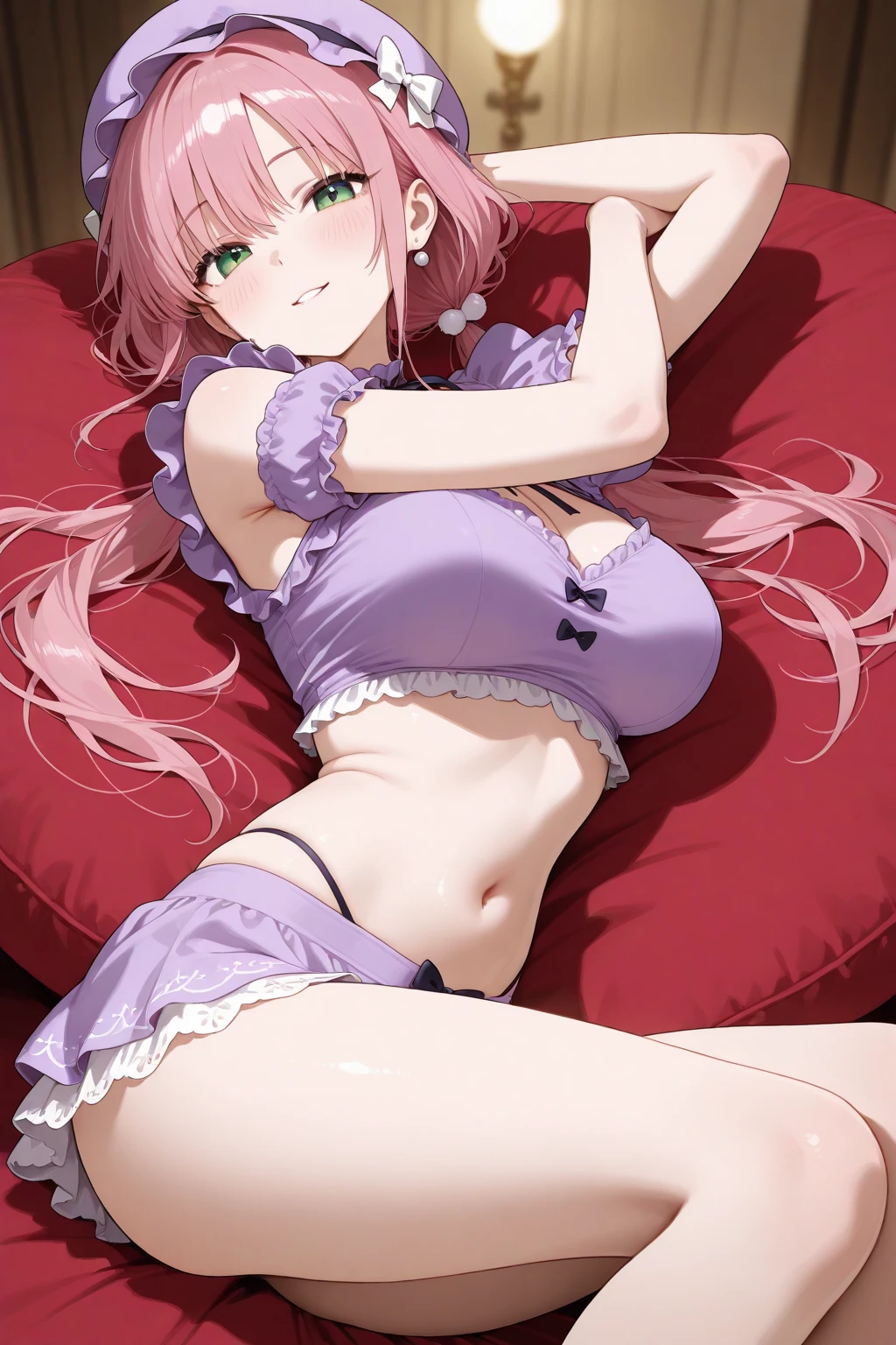 realistic image, coherent image, detailed image, 1 beautiful woman. She has pink hair, long hair. Her eyes are purple, long eyelashes, fox ears. Her face is oval and delicate, smiling. She is wearing a short-sleeved off-the-shoulder t-shirt, showing her navel, a white pleated mini skirt, a thin thong, and sneakers. She has a curvy body, medium breasts, thick thighs. background of a Taoist tempo, surrounded by a field of flowers, natural lighting, volumetric lighting,