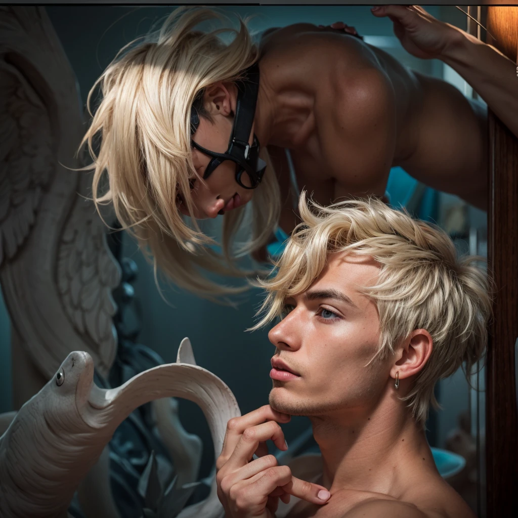 (masterpiece), best quality, very detailed face, ((old man wearing a black suit blue suit suit hugs hugs hugs)) (((nude naked young teen white girl who wears colorful tribal body paint and has blond bob hair))) and unhappy face and blue eye and medium breast and nipple and and thigh and tribal necklace and earring and tribal bracelet, standing in classroom, modern art on wall, man in the background, 