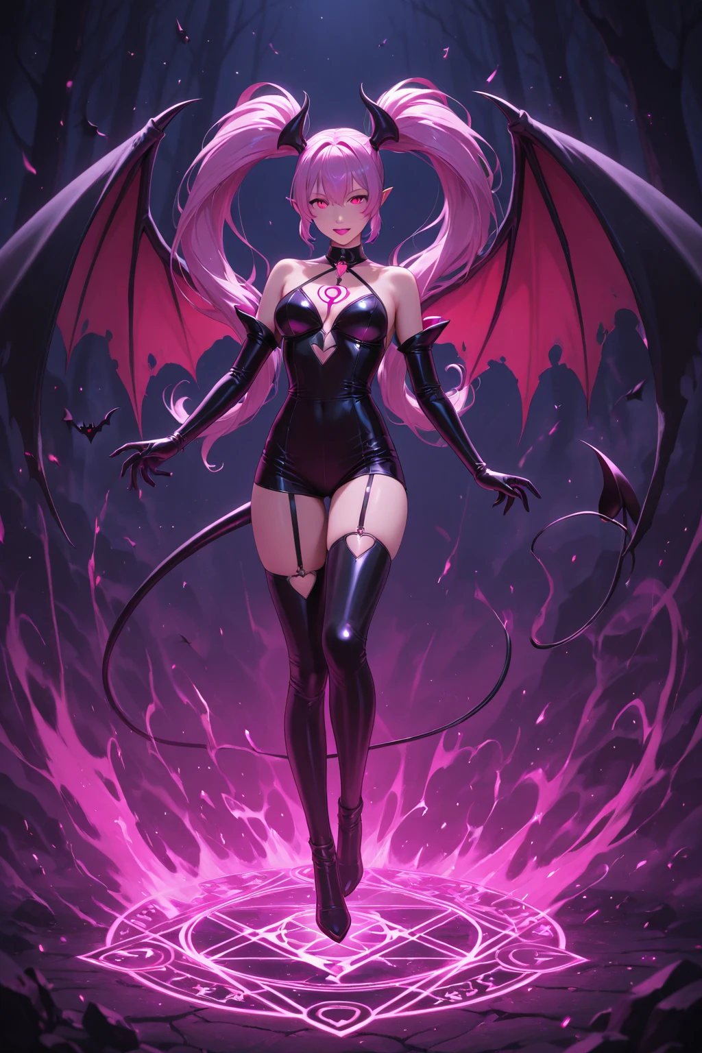 1girl,super detailed skin,shiny skin,wet oily skin, majestic wings,devil tail,demon skin, detailed eyes,eyelashes,lips gloss, small bust,small claws,majestic horns , small breasts,beautifully shaped breasts, demon body hair ,vibrant colors, ,depth of field, ((full body, framing against diving)), ((arrogant facial expression, mischievous smile, smirk smile, malicious smile, sly smile, closed mouth, (( framing against diving )), full lips, arrogant expressi, cave, grotto, dungeon, red lipstick