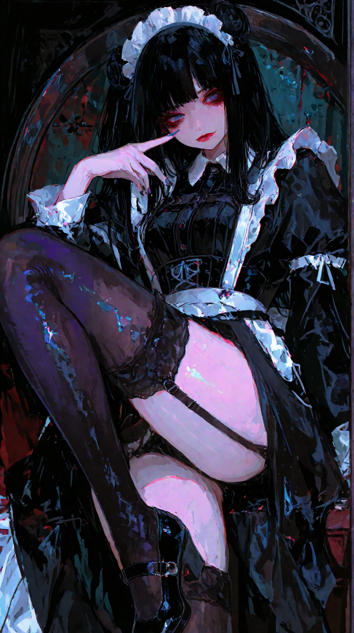 femboy, shemale, black hair, long hair, green eyes, gothic make up, durty make up, cute smile, white skin, sexy, black bedroom, gothic bedroom, sexy pose, panties, long socks