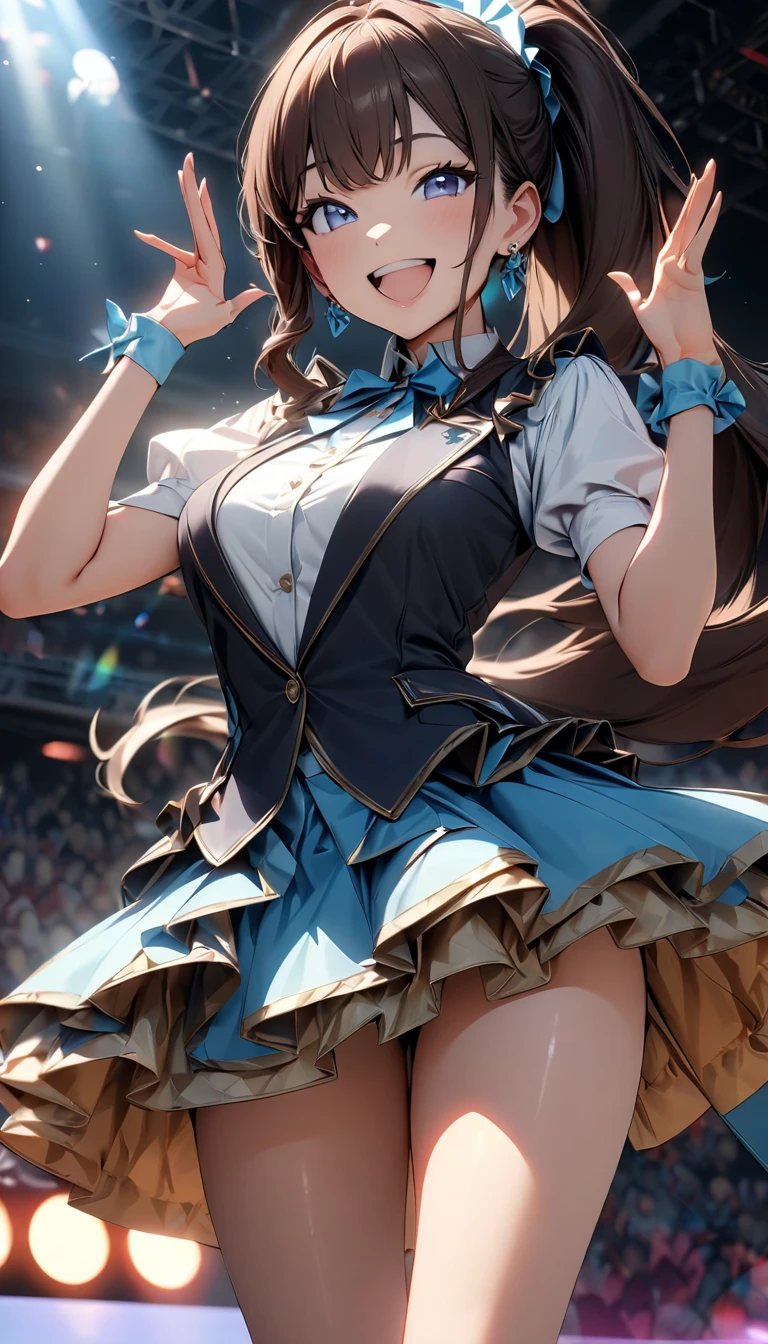 ((highest quality、High resolution、Highly detailed CG Unity 8K wallpaper))、detailed face、perfect body、unparalleled beauty、beautiful breasts、open your legs、shy smile、I&#39;m seducing you、sing、dance、((She lifts up her skirt and shows no panties on the live stage))、Love juice dripping from the vagina