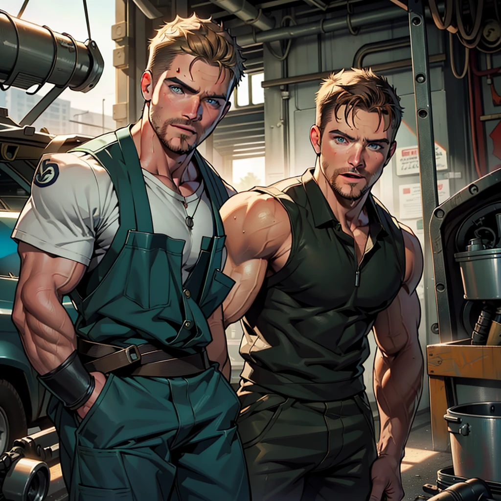 masterpiece, best quality, face, natural eyes, 1man, macho man,, muscled and mature, stephen amell as a carpenter wearing totally unbuttoned overall, sweating, tight cloth showing his muscles and bulge , full body , background wood workshop , woodwork of chairs  , tools , wood parts , volumetric dynamic bright  light .....